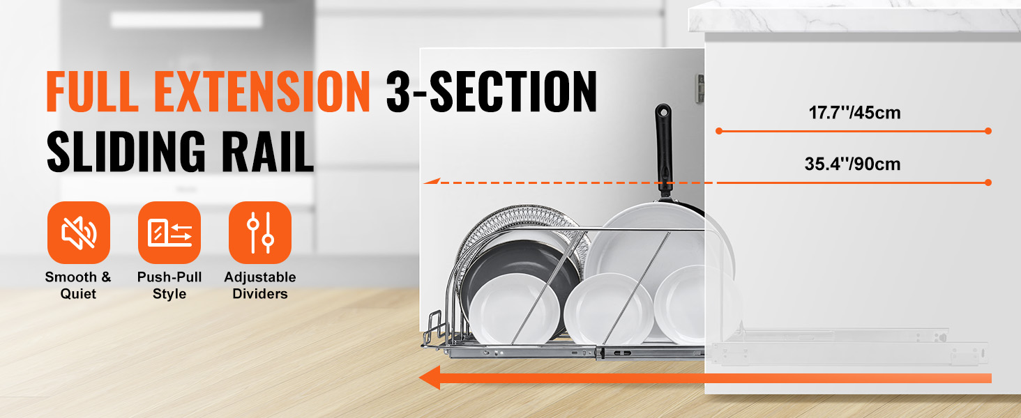 VEVOR under cabinet organizer with full extension sliding rail, smooth and quiet, push-pull style.