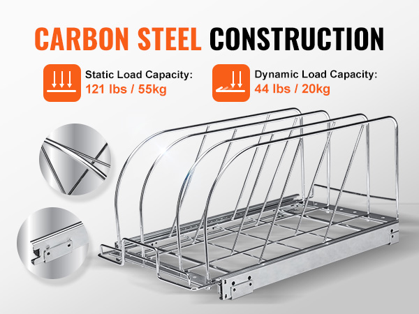 VEVOR under cabinet organizer with carbon steel construction, static load 121 lbs, dynamic load 44 lbs.