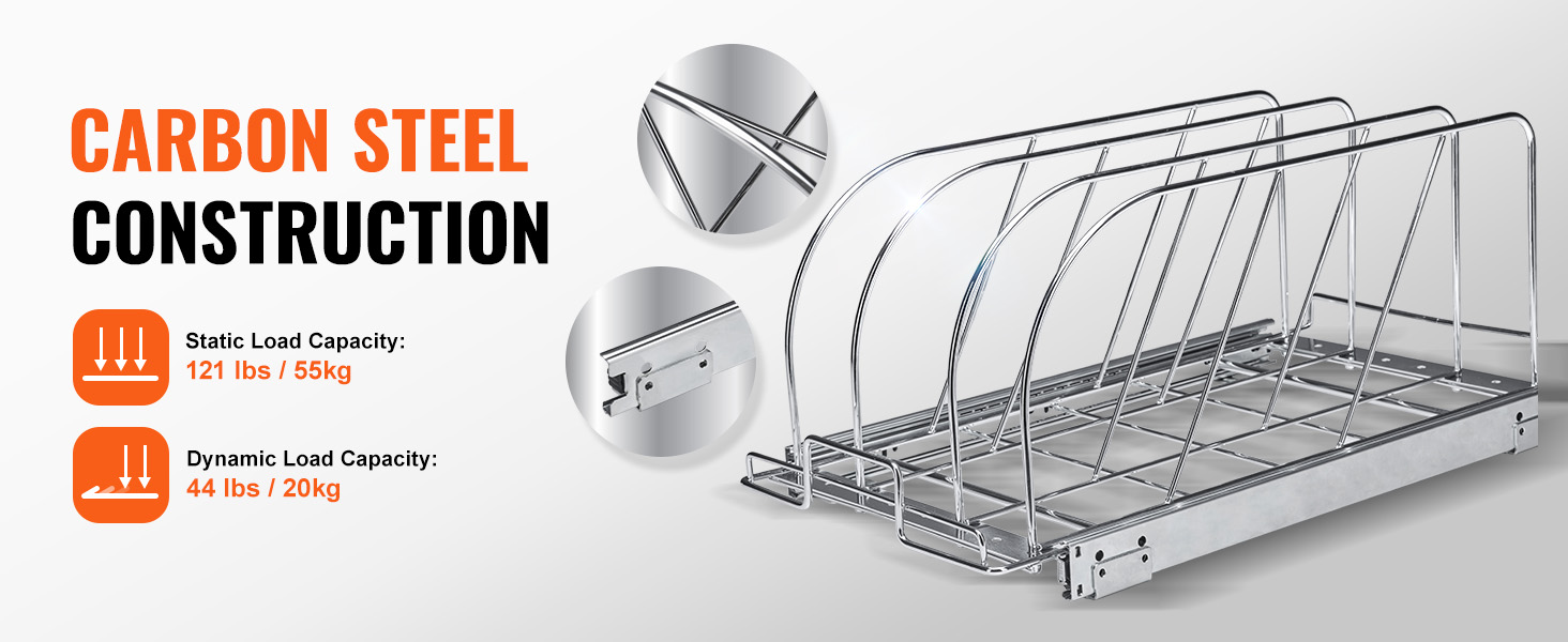 VEVOR under cabinet organizer with carbon steel construction, static load 121 lbs, dynamic load 44 lbs.