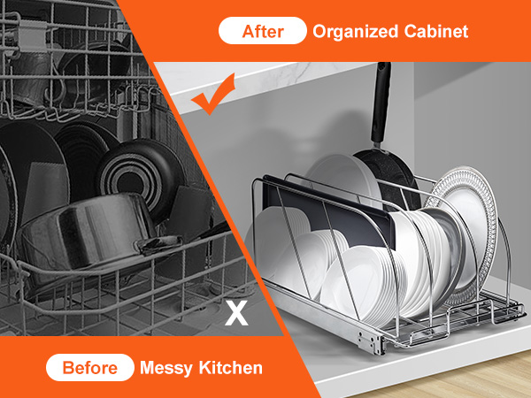 before: messy kitchen, pots, and pans. after: organized cabinet with VEVOR under cabinet organizer.