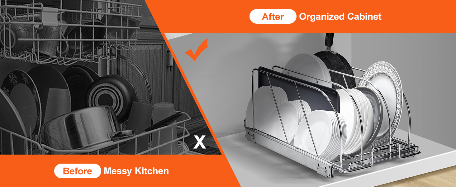 before: messy kitchen, pots, and pans. after: organized cabinet with VEVOR under cabinet organizer.