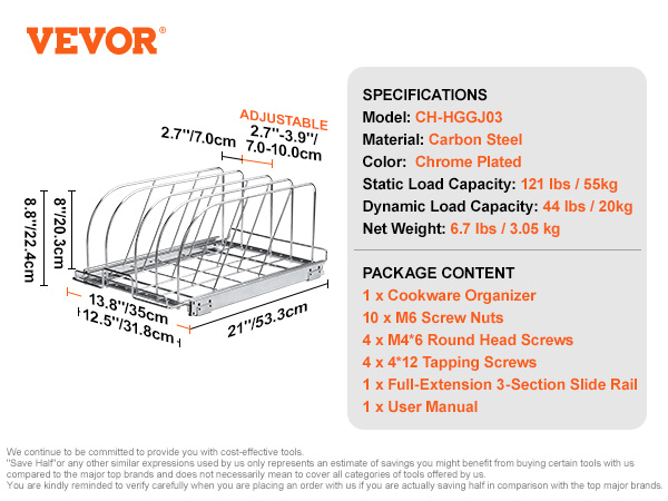 VEVOR pan and pot rack with adjustable dividers, specifications, and package contents.