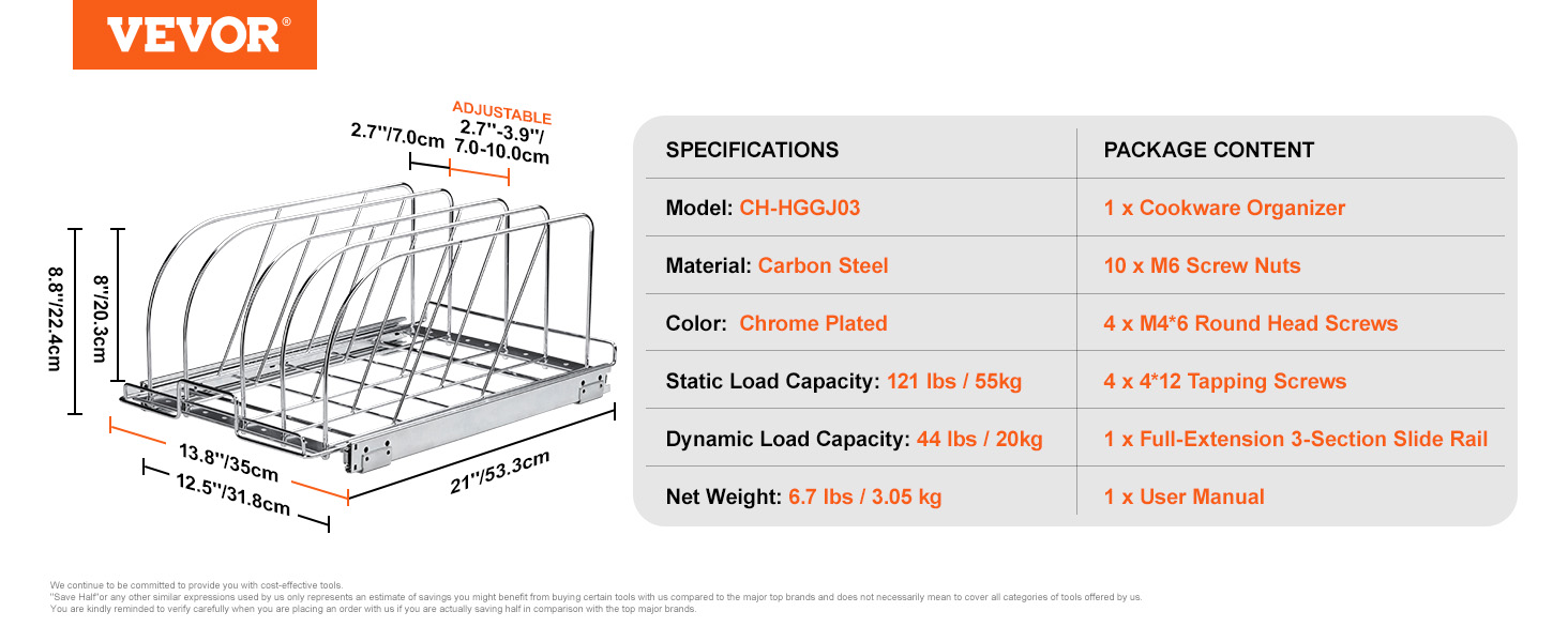 VEVOR pan and pot rack with adjustable dividers, specifications, and package contents.