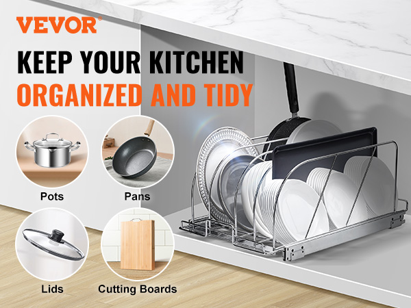 keep your kitchen organized with VEVOR rack for pots, pans, lids, and cutting boards.