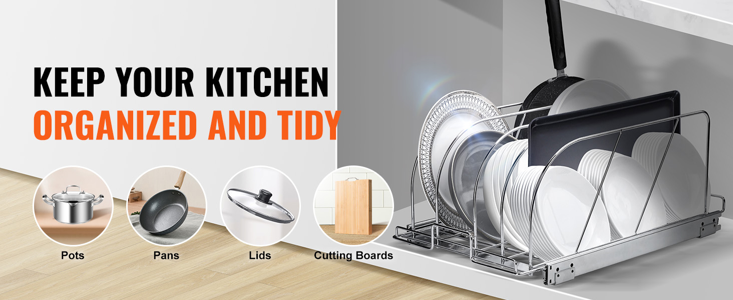 keep your kitchen organized with VEVOR rack for pots, pans, lids, and cutting boards.