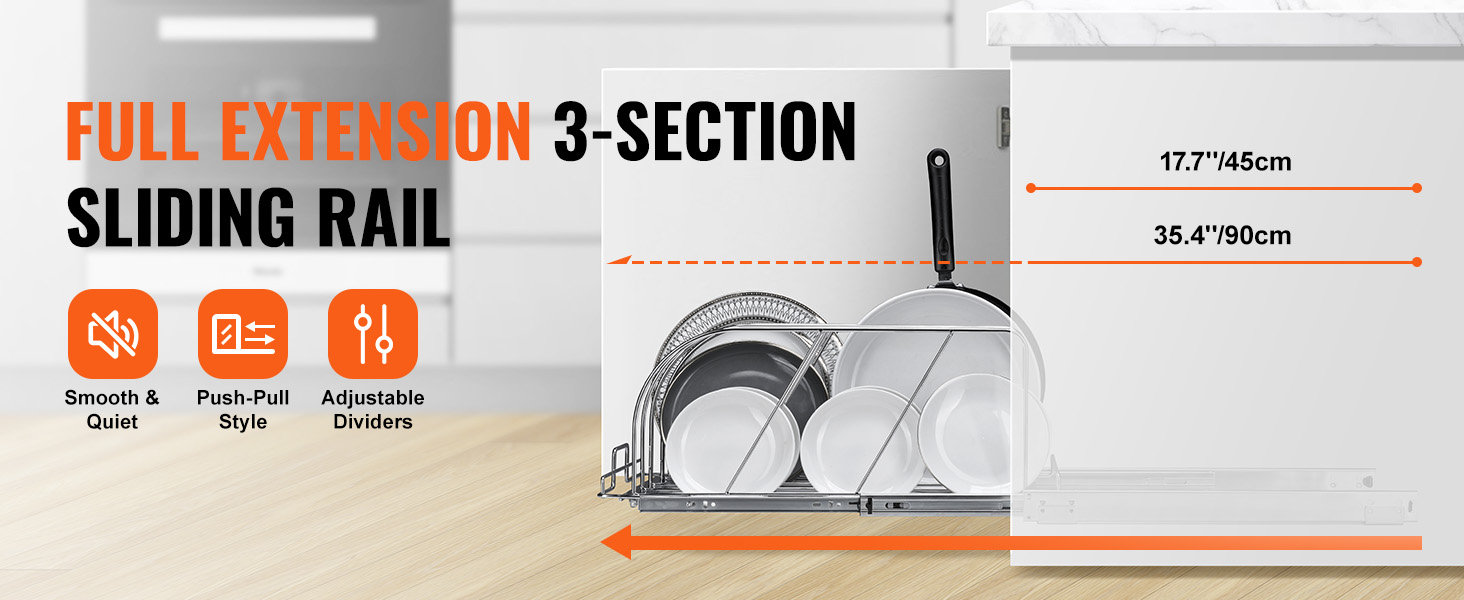 full extension sliding rail with adjustable dividers featuring VEVOR pan and pot rack, 17.7"/45cm.