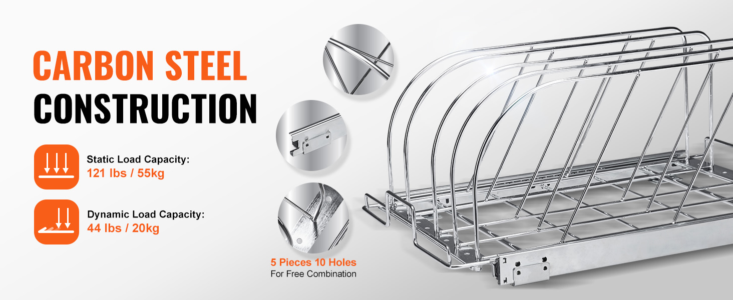 VEVOR pan and pot rack with carbon steel construction, supporting up to 121 lbs static and 44 lbs dynamic.