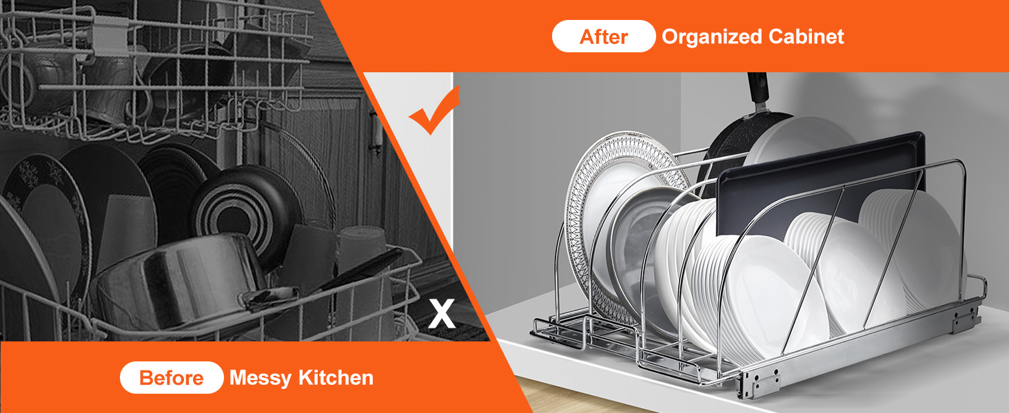 before: messy kitchen, after: organized cabinet with VEVOR pan and pot rack.