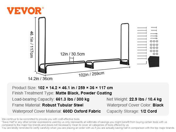 VEVOR firewood rack with black waterproof cover, 102 x 14.2 x 46.1 inches, holds 1/2 cord wood.