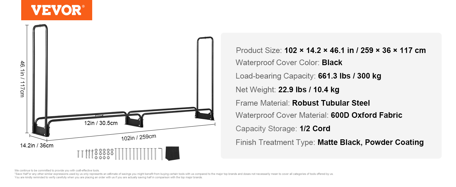 VEVOR firewood rack with black waterproof cover, 102 x 14.2 x 46.1 inches, holds 1/2 cord wood.