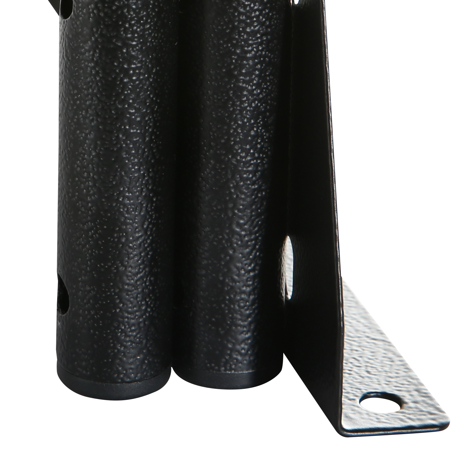 close-up of black metal part with textured finish and holes, likely a component of the VEVOR firewood rack.