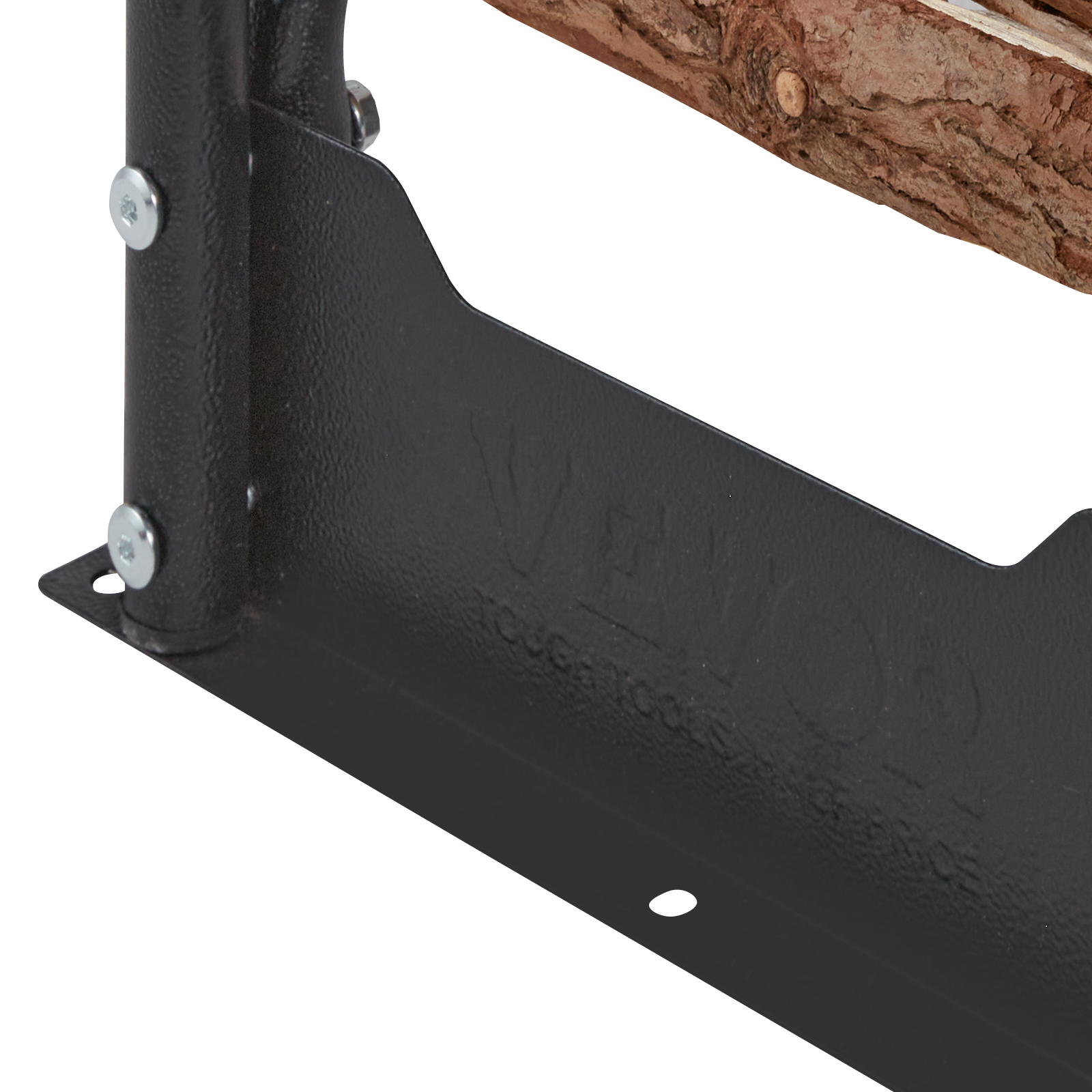 close-up of a VEVOR firewood rack's sturdy black metal frame with wood logs for storage.
