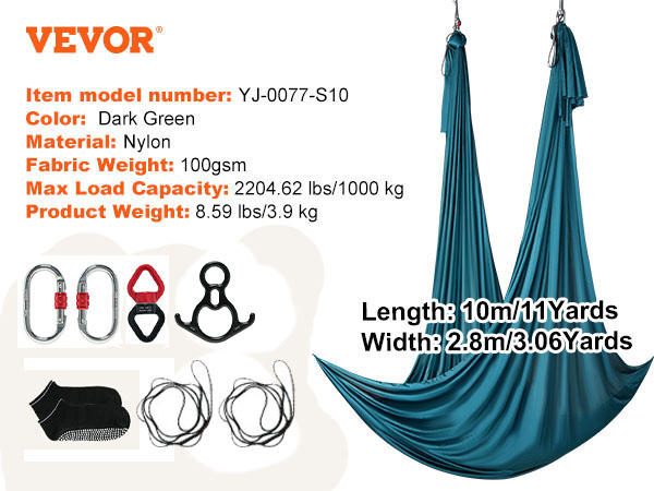 VEVOR aerial yoga hammock in dark green, nylon, max load 2204.62 lbs, includes setup accessories.