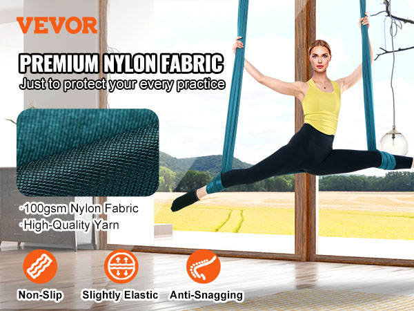 VEVOR aerial yoga hammock in premium nylon fabric with non-slip, slightly elastic, and anti-snagging features.