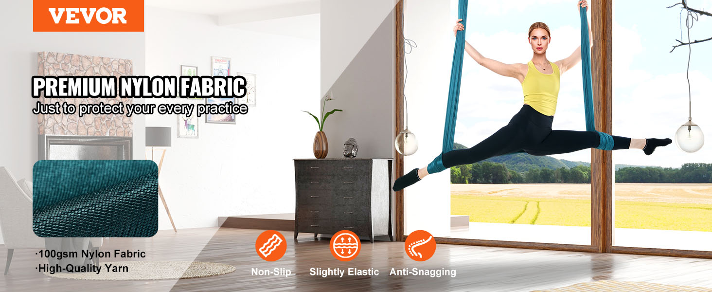 VEVOR aerial yoga hammock in premium nylon fabric with non-slip, slightly elastic, and anti-snagging features.