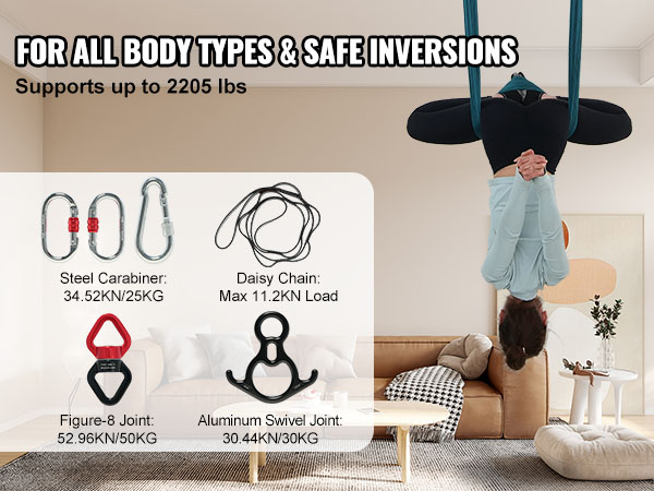 VEVOR aerial yoga hammock for all body types, supporting up to 2205 lbs, featuring key components.