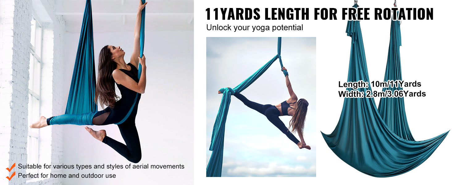 VEVOR aerial yoga hammock in turquoise for versatile yoga moves, suitable for home or outdoor use.