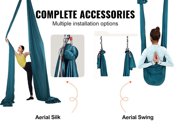 complete VEVOR aerial yoga hammock set with steel carabiners, daisy chains, and figure-8 joint displayed.