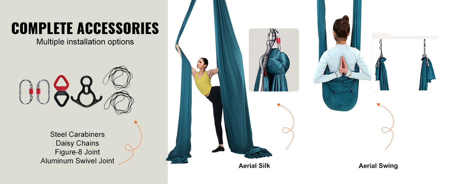 complete VEVOR aerial yoga hammock set with steel carabiners, daisy chains, and figure-8 joint displayed.