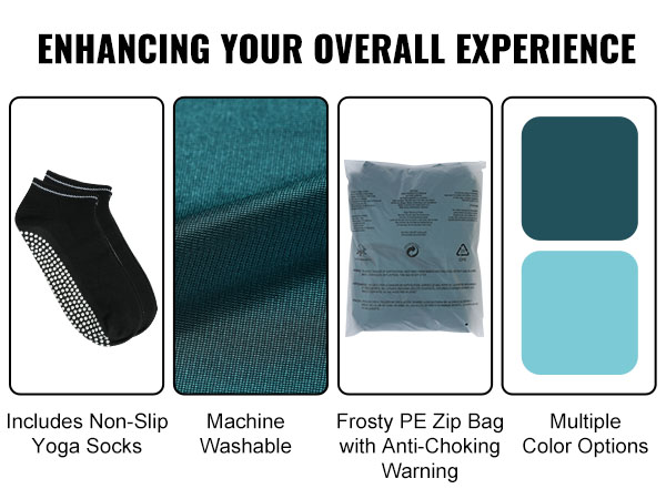 includes non-slip yoga socks, machine-washable fabric, frosty pe zip bag, and multiple color options.