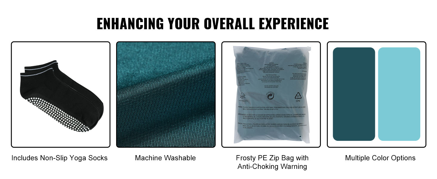 includes non-slip yoga socks, machine-washable fabric, frosty pe zip bag, and multiple color options.
