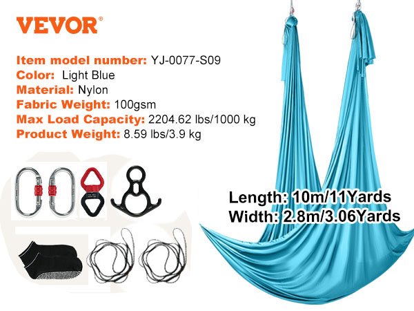 VEVOR aerial yoga hammock, light blue nylon, max load 2204 lbs, includes carabiners and climbing rope.