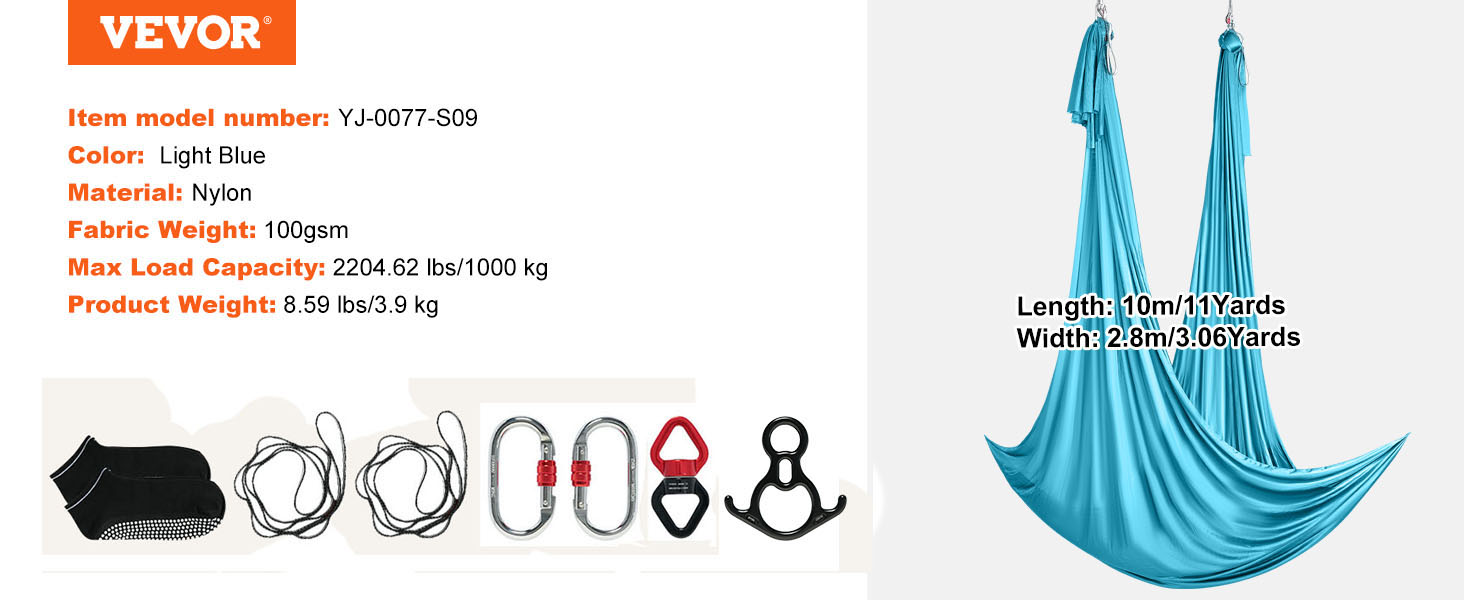 VEVOR aerial yoga hammock, light blue nylon, max load 2204 lbs, includes carabiners and climbing rope.