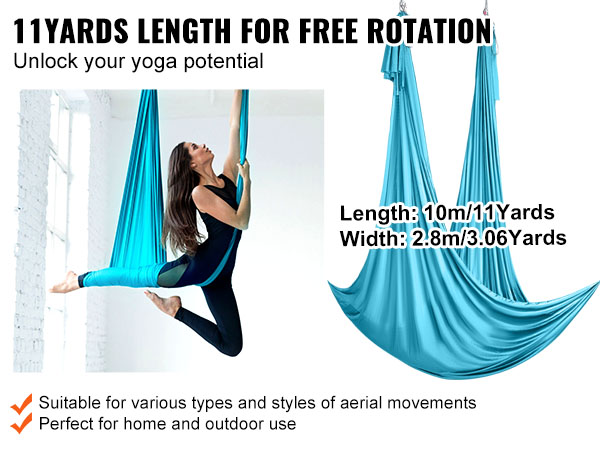 VEVOR aerial yoga hammock in blue used by a person performing aerial yoga poses, suitable for home or outdoors.