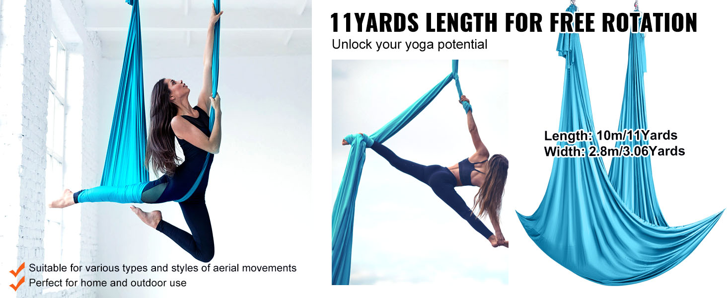 VEVOR aerial yoga hammock in blue used by a person performing aerial yoga poses, suitable for home or outdoors.