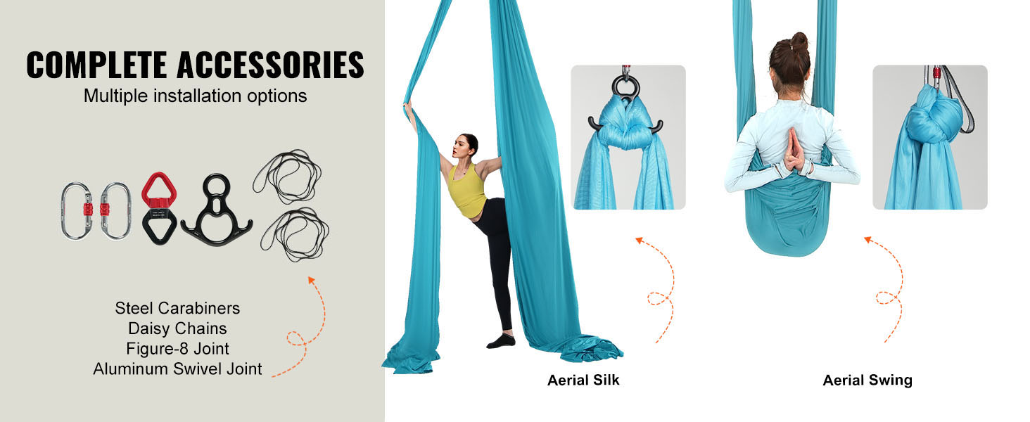 VEVOR aerial yoga hammock with complete accessories, including carabiners and daisy chains for diverse setups.