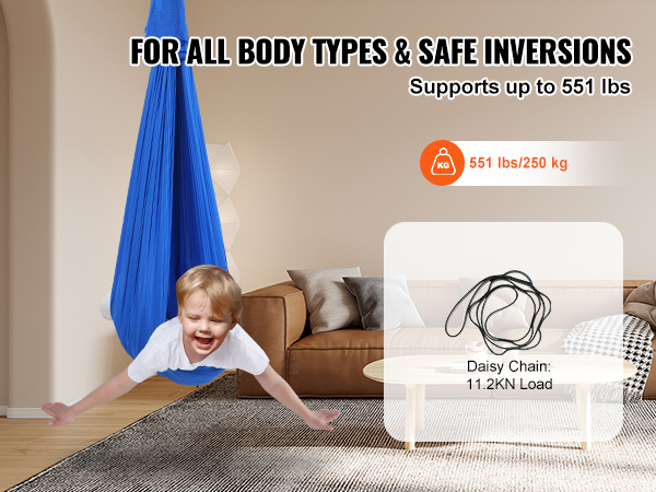 VEVOR sensory swing supporting up to 551 lbs in a cozy living room with a brown sofa and coffee table.