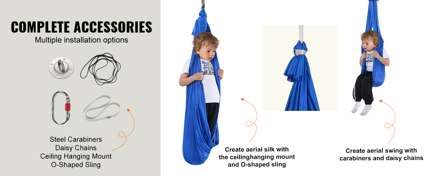 complete accessories for VEVOR sensory swing with steel carabiners, daisy chains, and ceiling hanging mount.