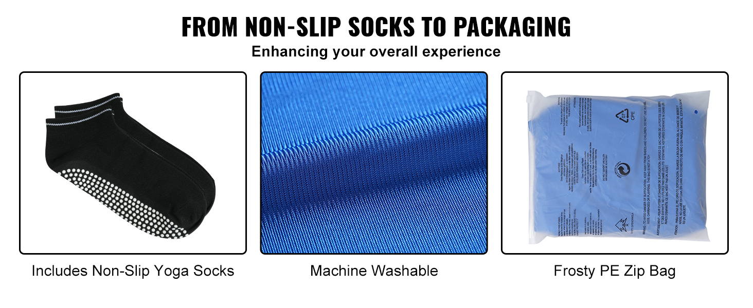 non-slip yoga socks, close-up of machine-washable blue fabric, and frosty pe zip bag for VEVOR sensory swing.