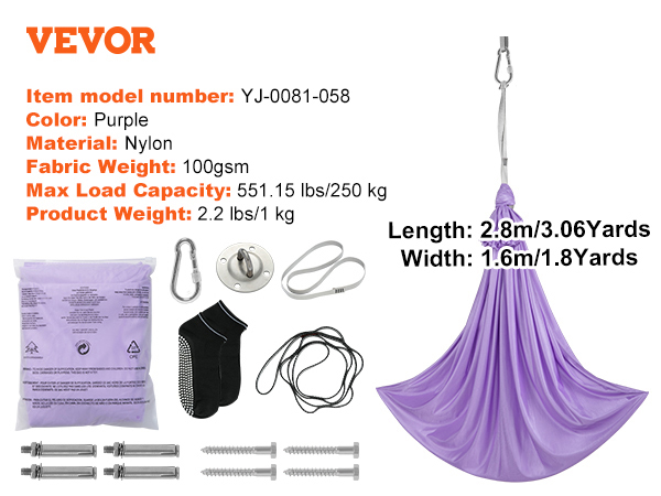 VEVOR sensory swing packaging with purple nylon swing, hardware, and specifications.