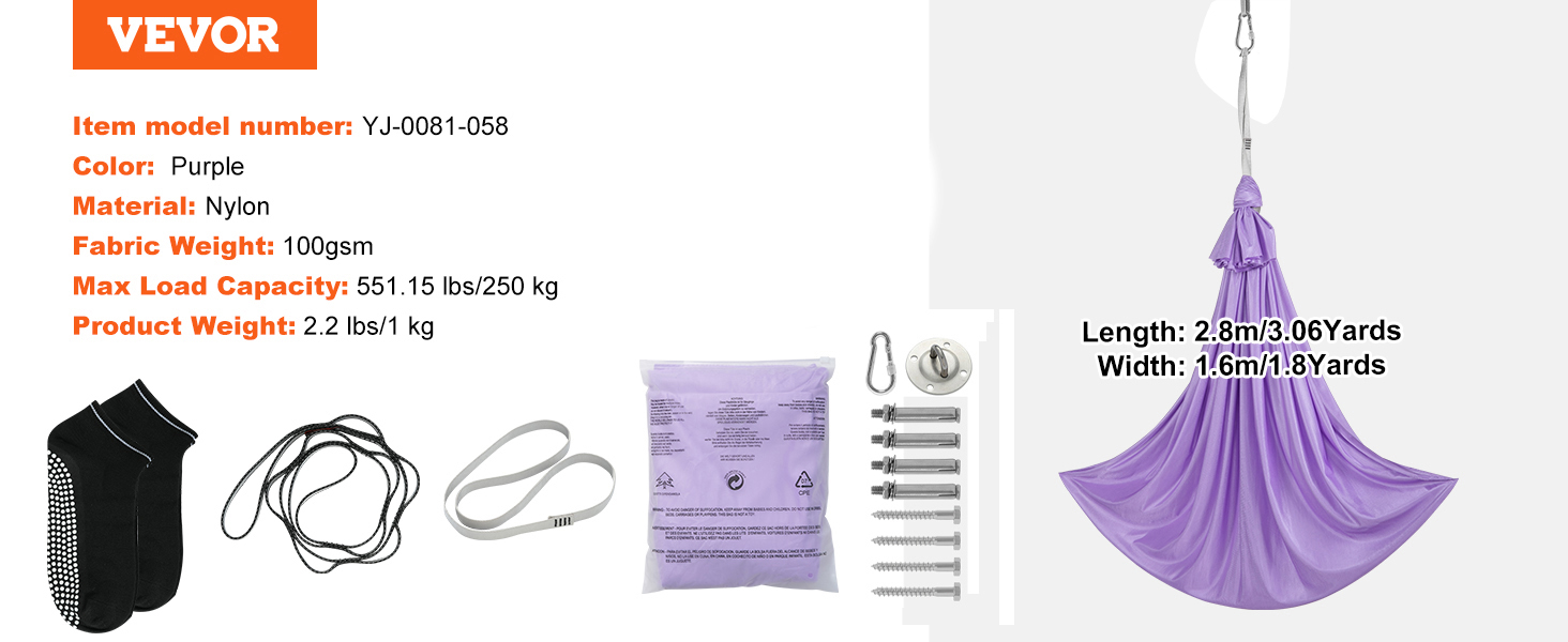 VEVOR sensory swing packaging with purple nylon swing, hardware, and specifications.
