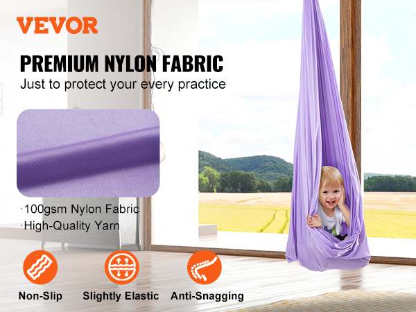 VEVOR sensory swing in a cozy living room with premium nylon fabric, showcasing non-slip, elastic, and anti-snag features.
