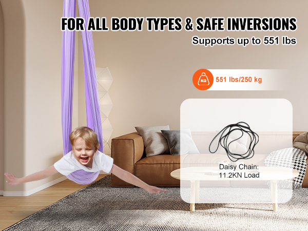child enjoying VEVOR sensory swing in modern living room with text detailing weight support and features.