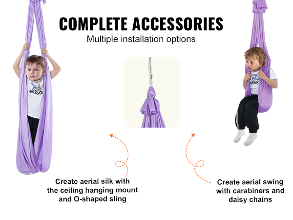 VEVOR sensory swing complete accessories: steel carabiners, daisy chains, ceiling mount, o-shaped sling.
