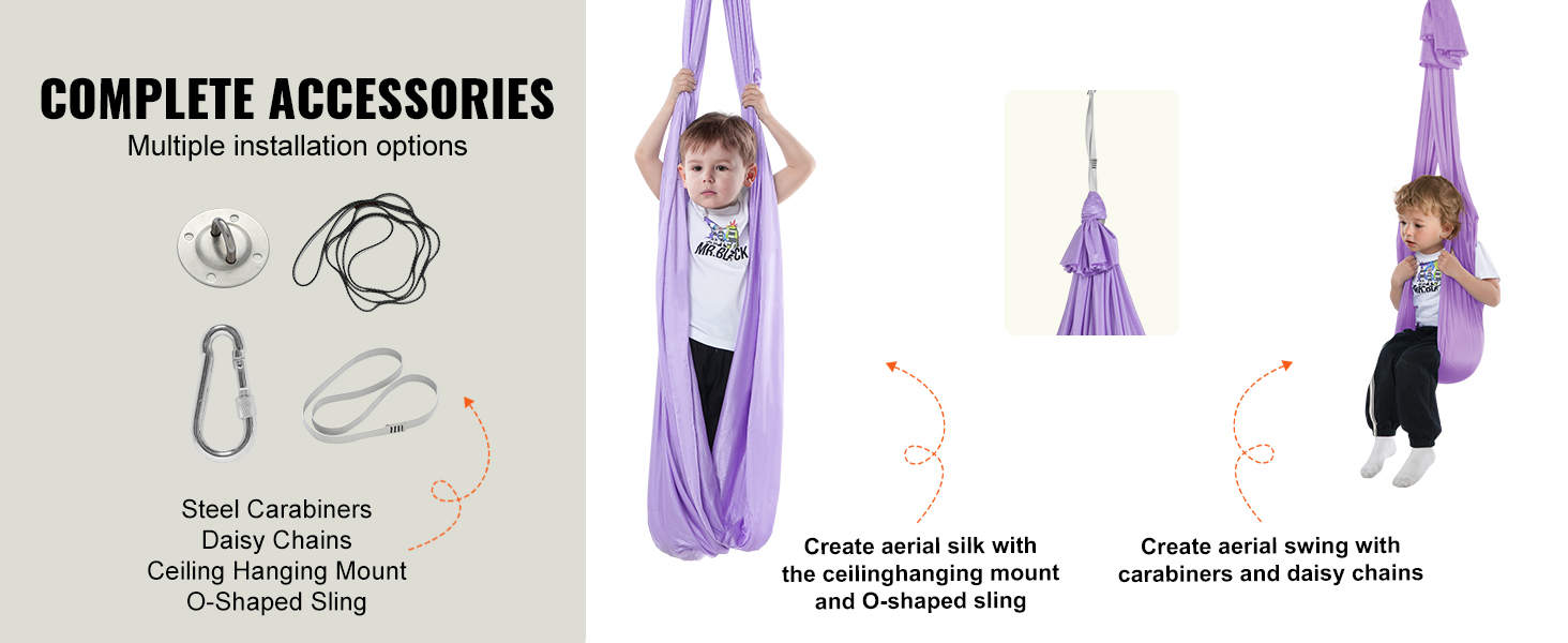 VEVOR sensory swing complete accessories: steel carabiners, daisy chains, ceiling mount, o-shaped sling.