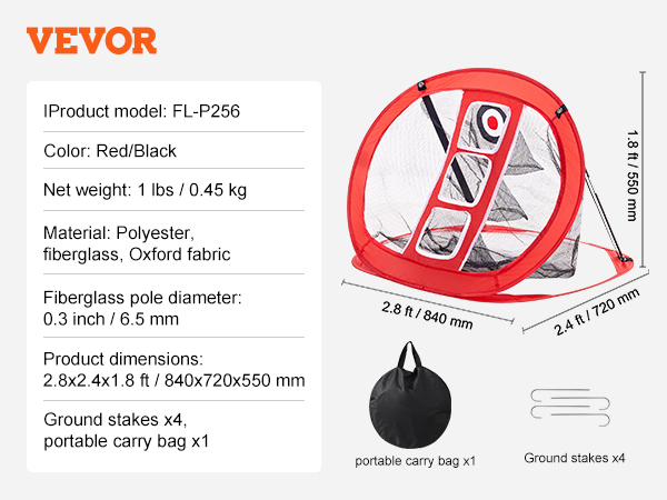 VEVOR golf chipping net, red and black, with carry bag and stakes, 2.8x2.4x1.8 ft in dimensions.