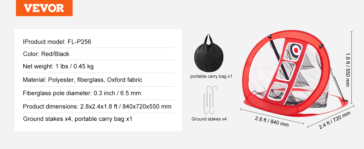 VEVOR golf chipping net, red and black, with carry bag and stakes, 2.8x2.4x1.8 ft in dimensions.