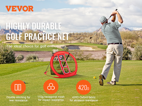 man swinging golf club near a VEVOR golf chipping net on green field, with durability features highlighted.