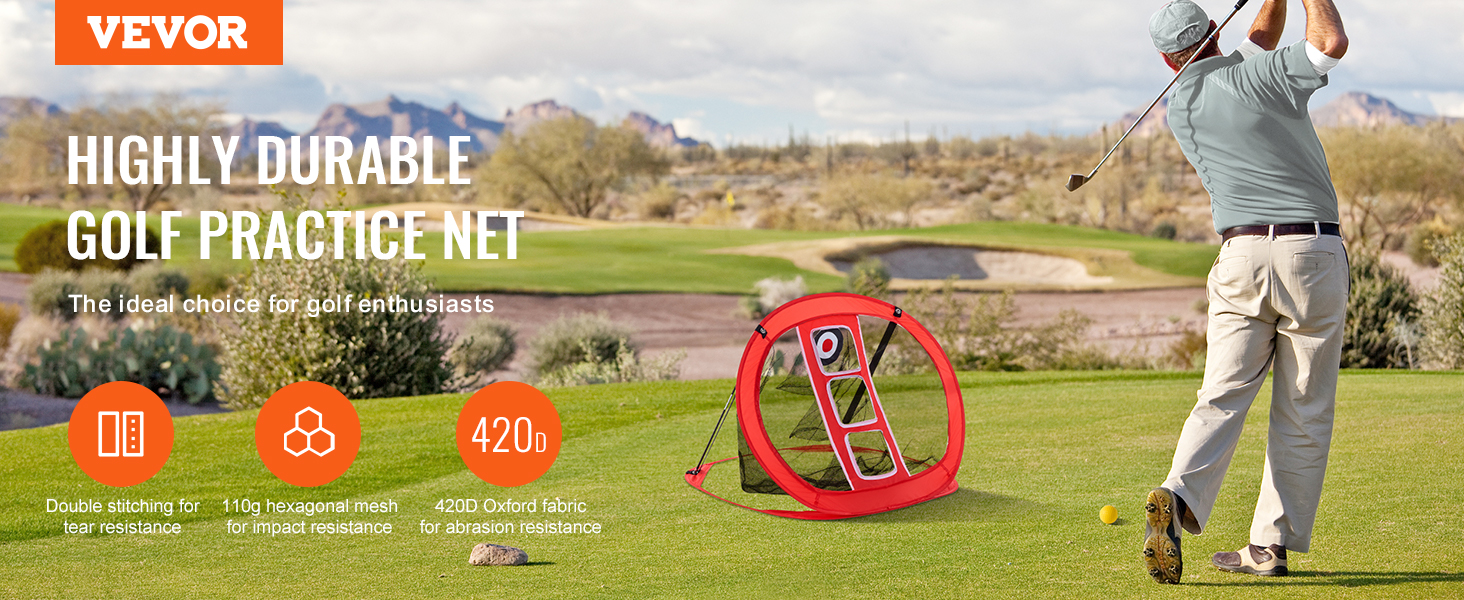 man swinging golf club near a VEVOR golf chipping net on green field, with durability features highlighted.