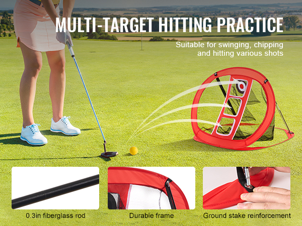 golfer practicing with VEVOR golf chipping net on lush green course, showcasing its multiple targets.