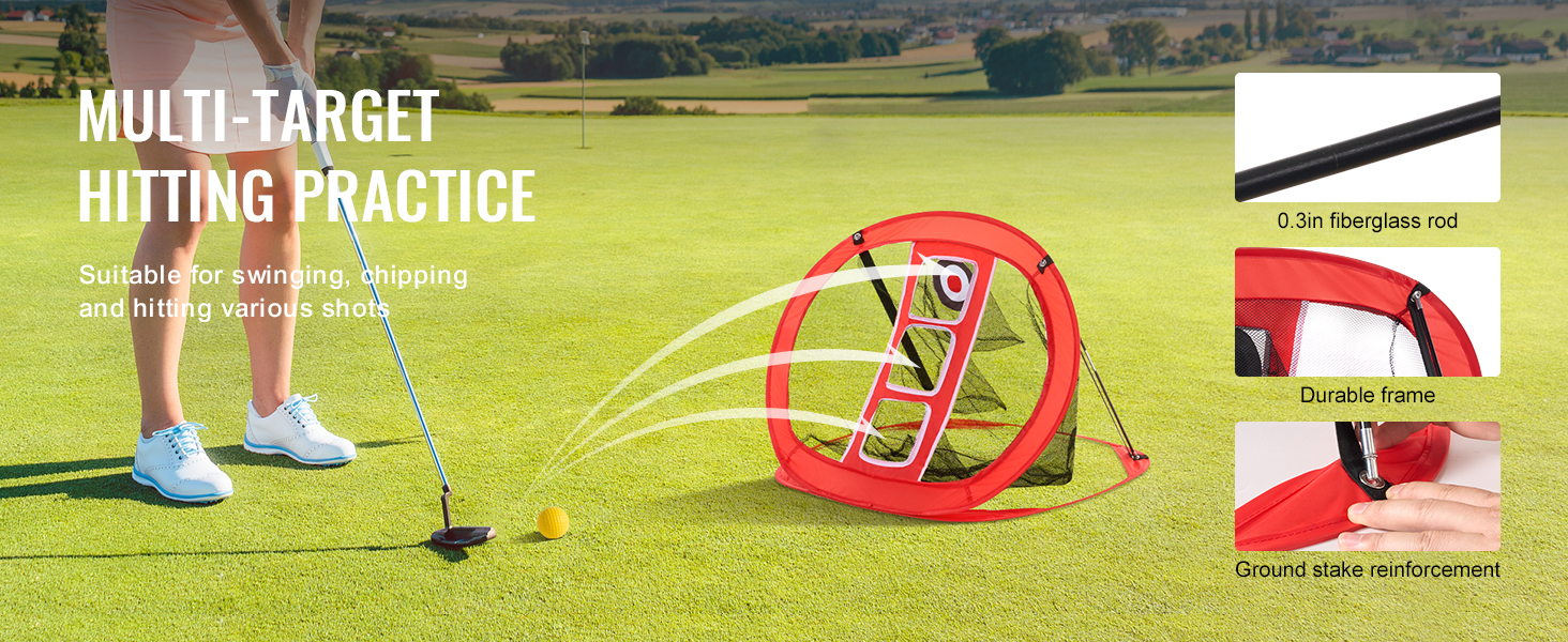 golfer practicing with VEVOR golf chipping net on lush green course, showcasing its multiple targets.