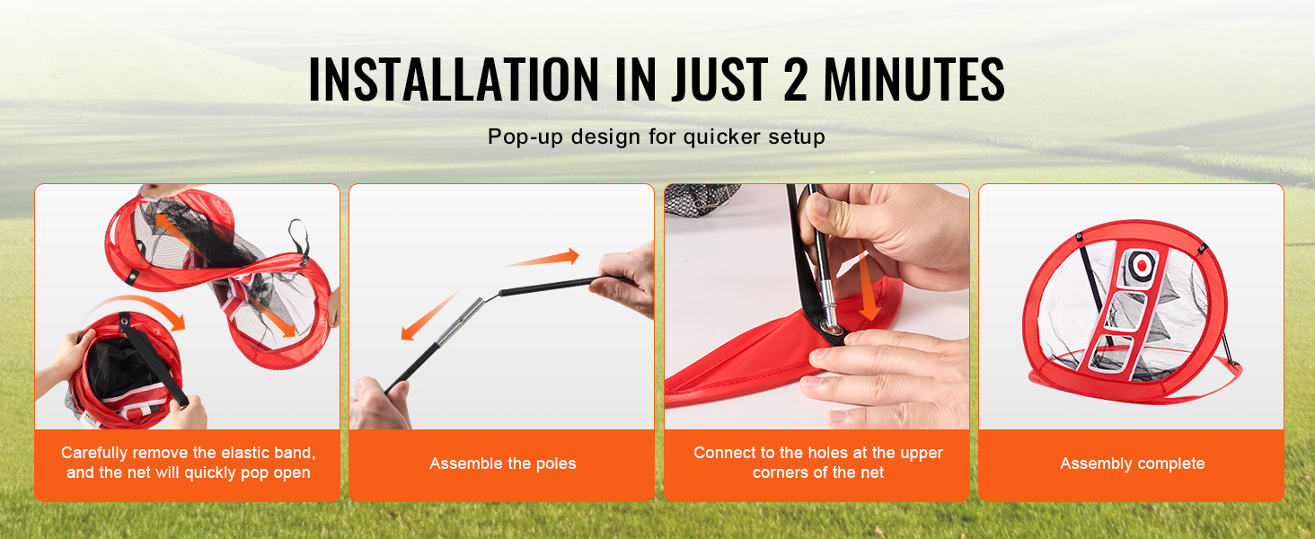 VEVOR golf chipping net setup steps: pop open, assemble poles, connect net, finished assembly.