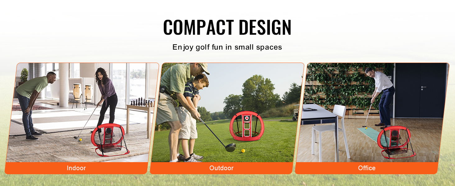 VEVOR golf chipping net used indoors, outdoors, and in offices for compact golf practice.