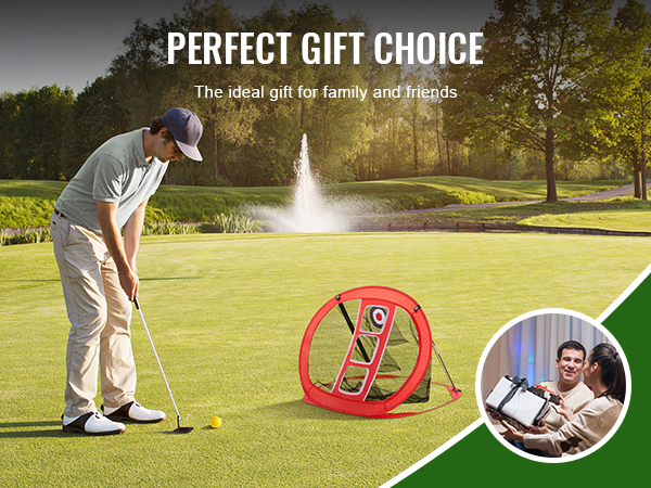 golfer using VEVOR golf chipping net on a green with "perfect gift choice" text in the background.