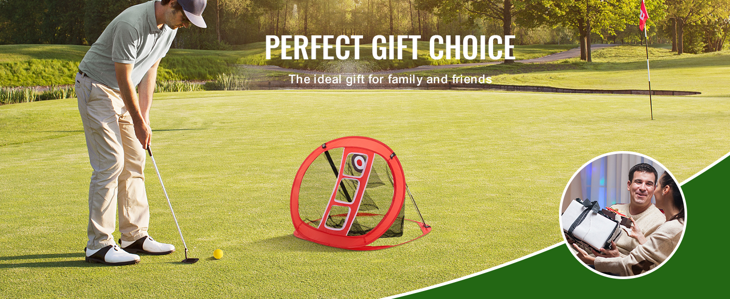 golfer using VEVOR golf chipping net on a green with "perfect gift choice" text in the background.