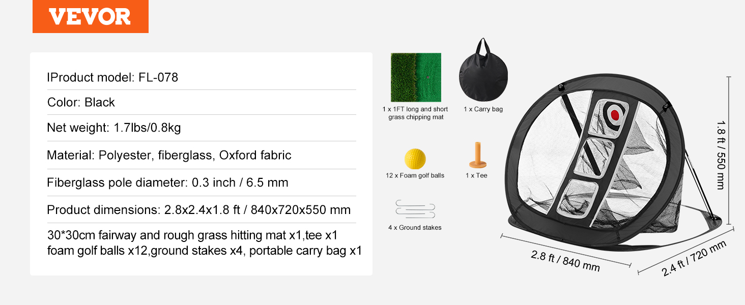 VEVOR golf chipping net with carrying bag, hitting mat, foam balls, and ground stakes included.